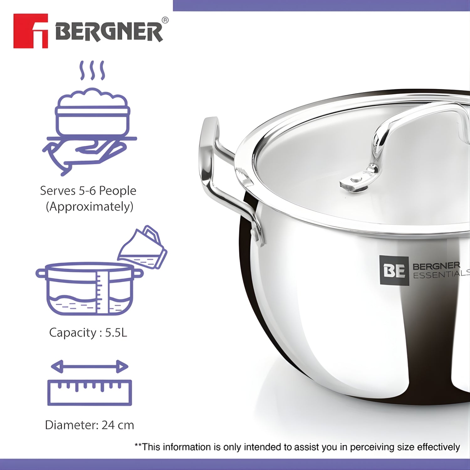 Bergner Essentials Triply SS Rice Handi with Glass Lid 24 cm \ 5.5 L_3