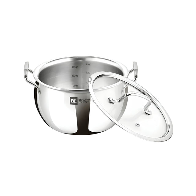 Bergner Essentials Triply SS Rice Handi with Glass Lid 24 cm \ 5.5 L_Front View