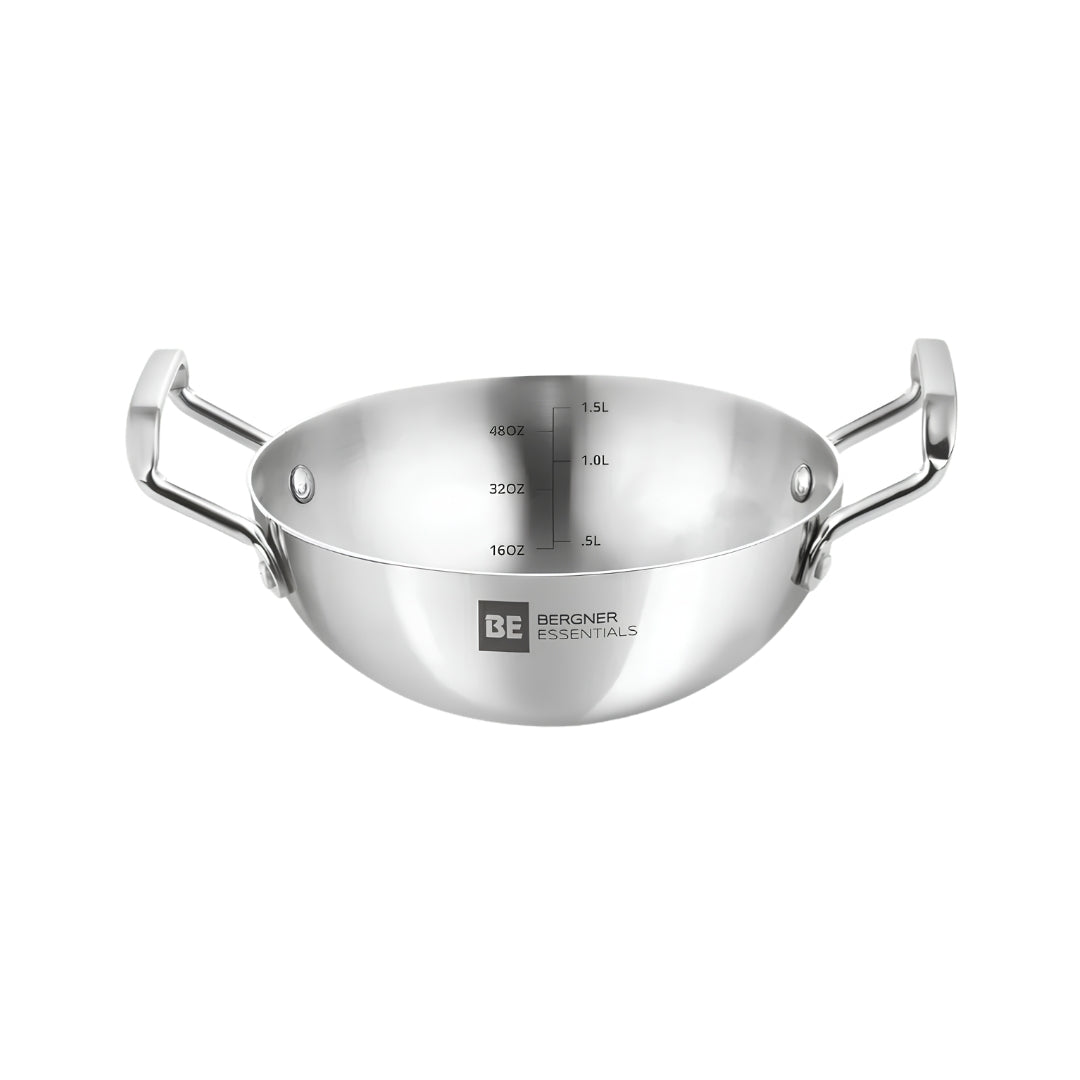 Bergner Essentials Triply Stainless Steel Extra Deep Kadai 20 cm _ 1.5 L_Front View