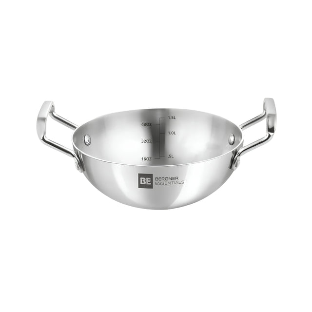 Bergner Essentials Triply Stainless Steel Extra Deep Kadai 20 cm _ 1.5 L_Front View