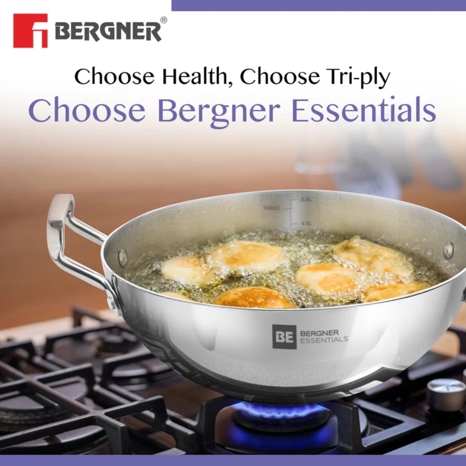 Bergner Essentials Triply Stainless Steel Extra Deep Kadai 28 cm \ 4 L_3