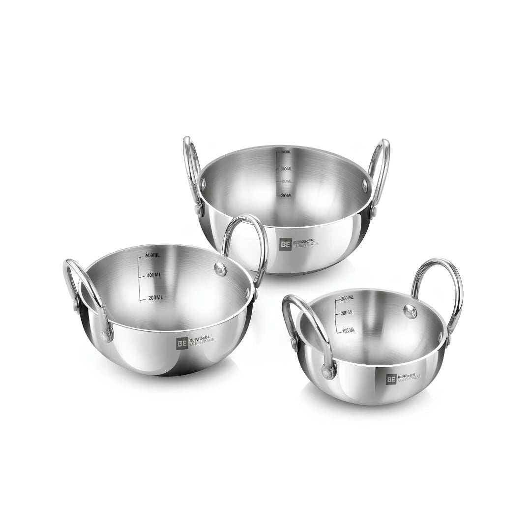 Bergner Essentials Triply Stainless Steel Junior Kadai Set of 3 Pcs - 10 cm _ 12 cm _ 14 cm_1