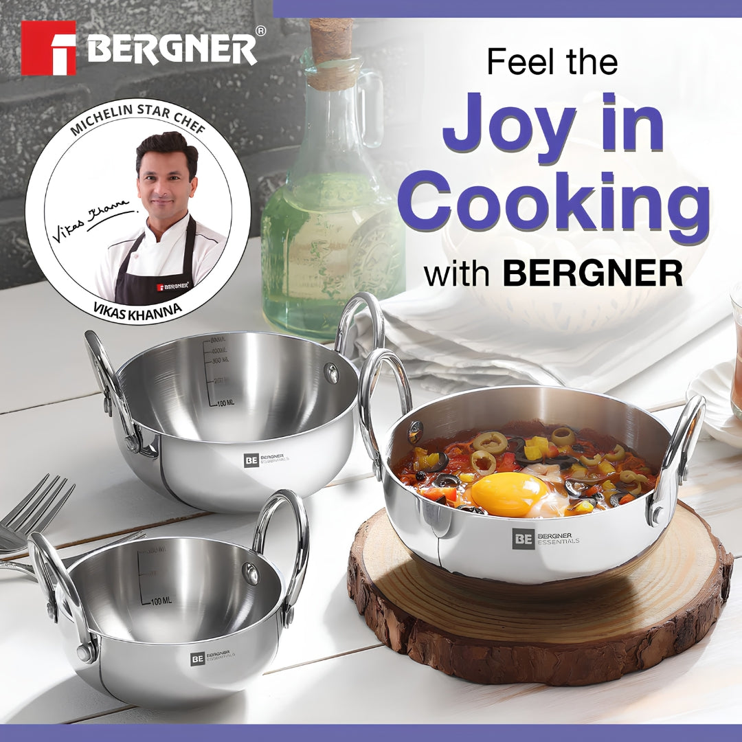 Bergner Essentials Triply Stainless Steel Junior Kadai Set of 3 Pcs - 10 cm _ 12 cm _ 14 cm_2