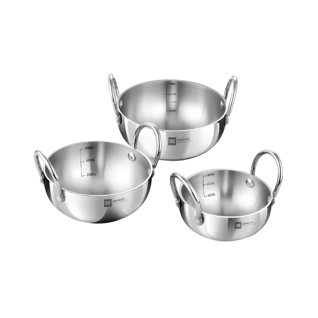Bergner Essentials Triply Stainless Steel Junior Kadai Set of 3 Pcs - Silver_Front View