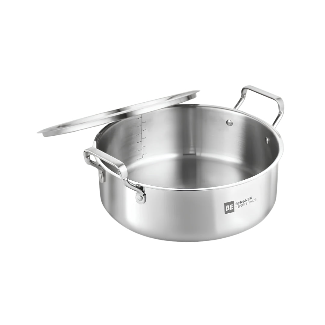 Bergner Essentials Triply Stainless Steel Shallow Biryani Pan with Lid 24 cm \ 3.9 L_Front View