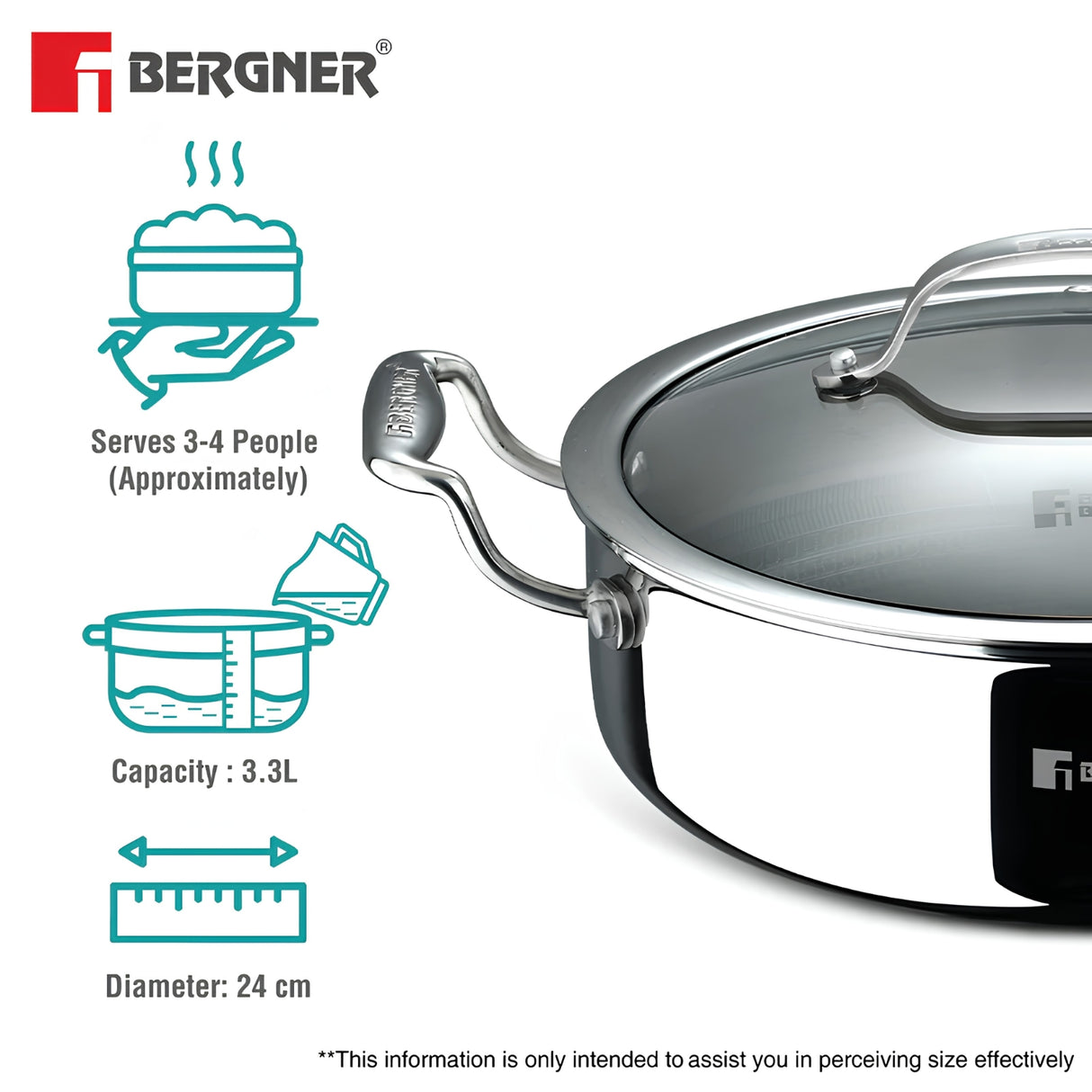 Bergner Hi-Tech Giro x Triply with Honeycomb Ceramic Coating Serving Pan with Glass Lid 24 cm \ 3.3 L_3