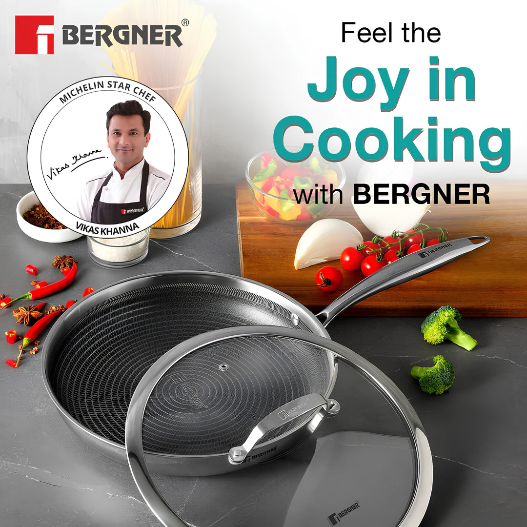 Bergner Hitech Triply Stainless Steel Non Stick Fry Pan with Glass Lid - 28 cm_2