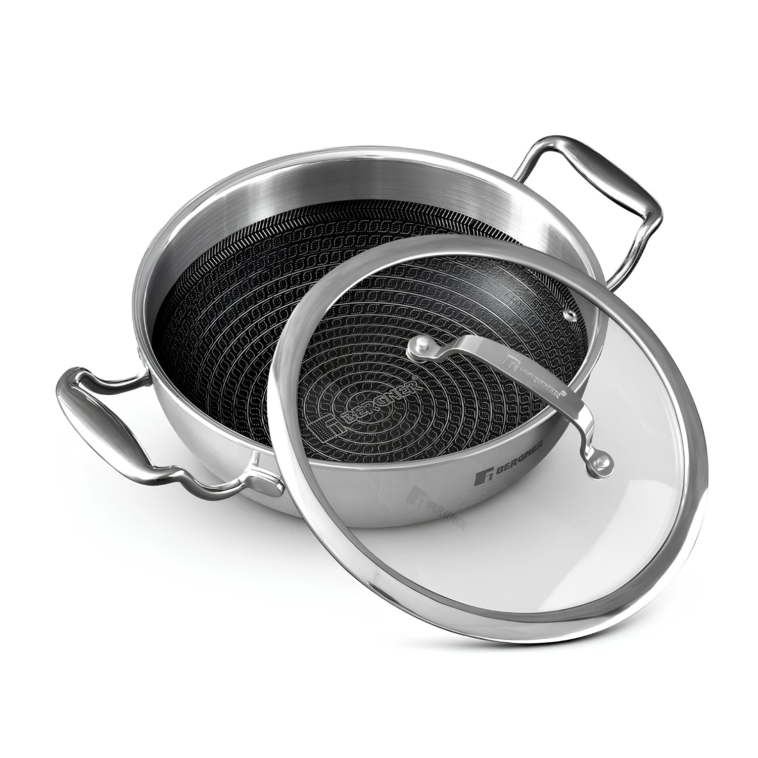 Bergner Hitech Triply Stainless Steel Non Stick Kadai with Glass Lid 24 cm \ 2.5 L_1