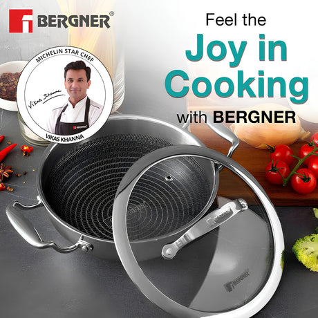 Bergner Hitech Triply Stainless Steel Non Stick Kadai with Glass Lid 24 cm \ 2.5 L_2