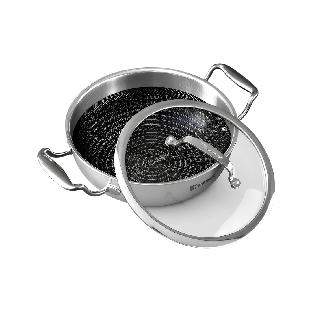 Bergner Hitech Triply Stainless Steel Non Stick Kadai with Glass Lid 24 cm _ 2.5 L_Front View