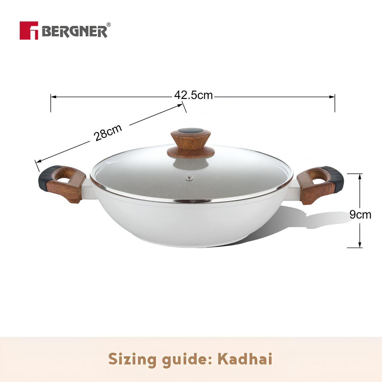 Bergner Naturally Non Stick Marble Kadai with Glass Lid 28 cm \ 3.3 L - White_7