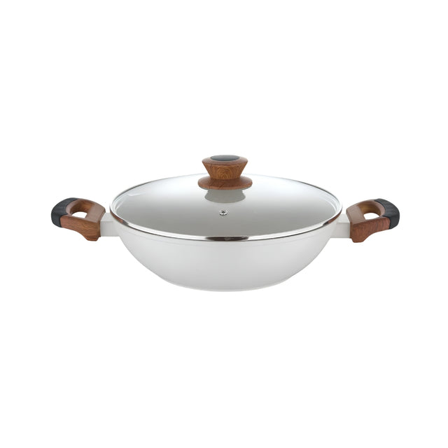 Bergner Naturally Non Stick Marble Kadai with Glass Lid 28 cm _ 3.3 L - White_Front View