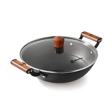 Bergner Odin Enamel Finish Lightweight Iron Kadai with Glass Lid 24 cm \ 2.2 L - Black_1