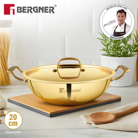 Bergner Peetlam Kalai Coated Brass Kadai with Lid 20 cm _ 1.5 L - Golden Yellow_2