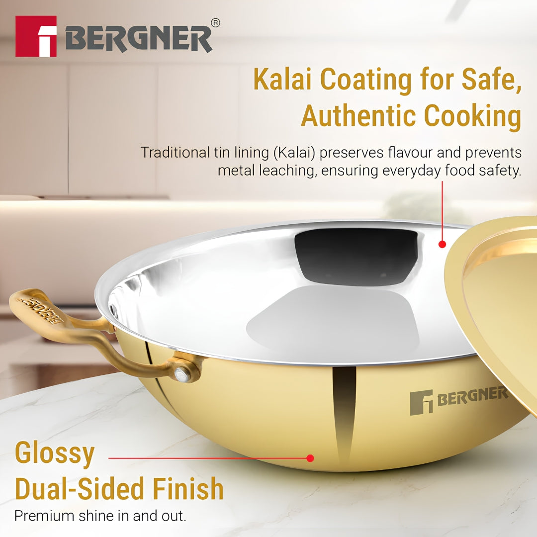 Bergner Peetlam Kalai Coated Brass Kadai with Lid 20 cm _ 1.5 L - Golden Yellow_4