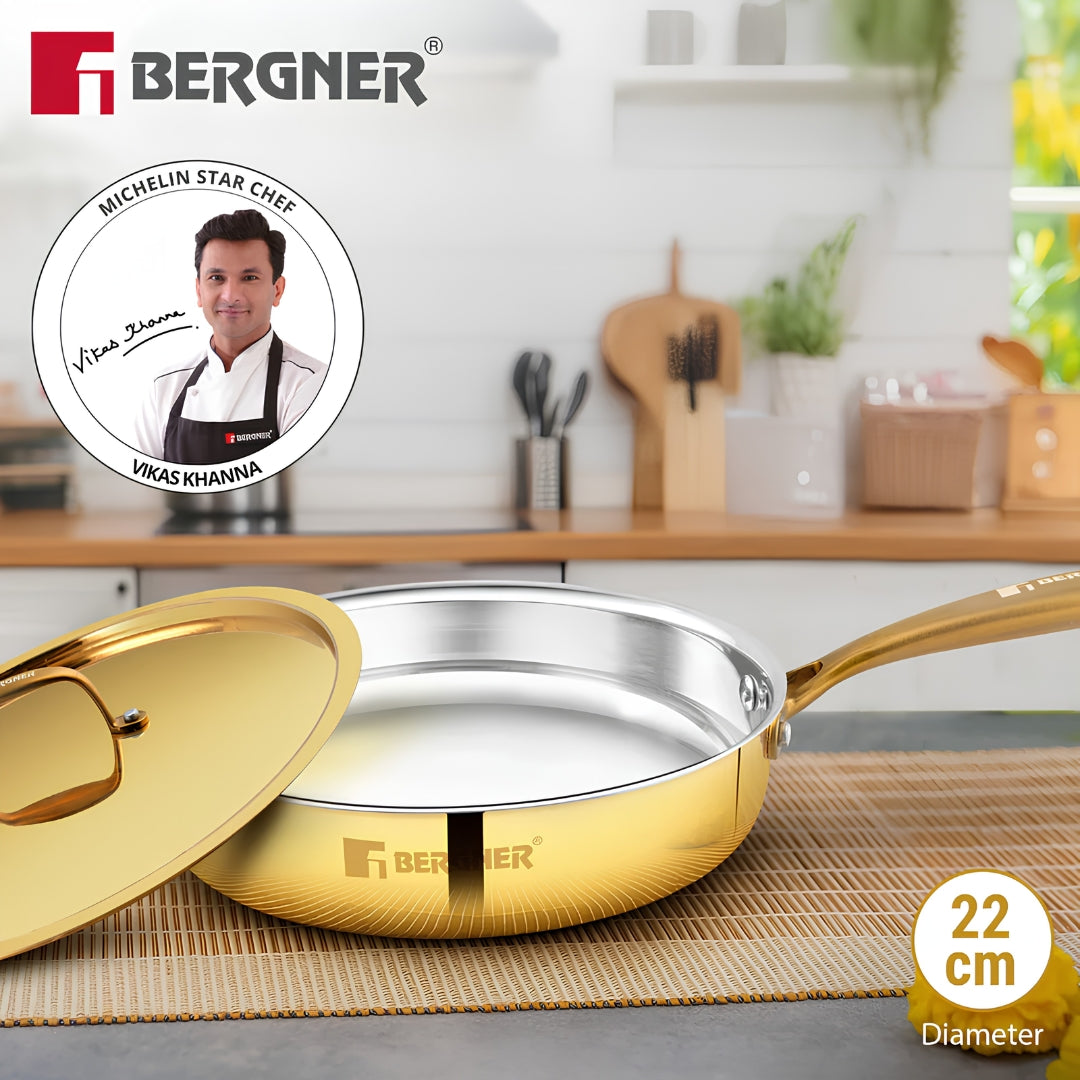 Bergner Peetlam Kalai Coated Brass Saute Pan with Lid 22 cm _ 1.3 L - Golden Yellow_2