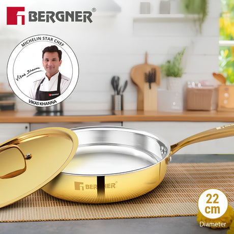 Bergner Peetlam Kalai Coated Brass Saute Pan with Lid 22 cm _ 1.3 L - Golden Yellow_2