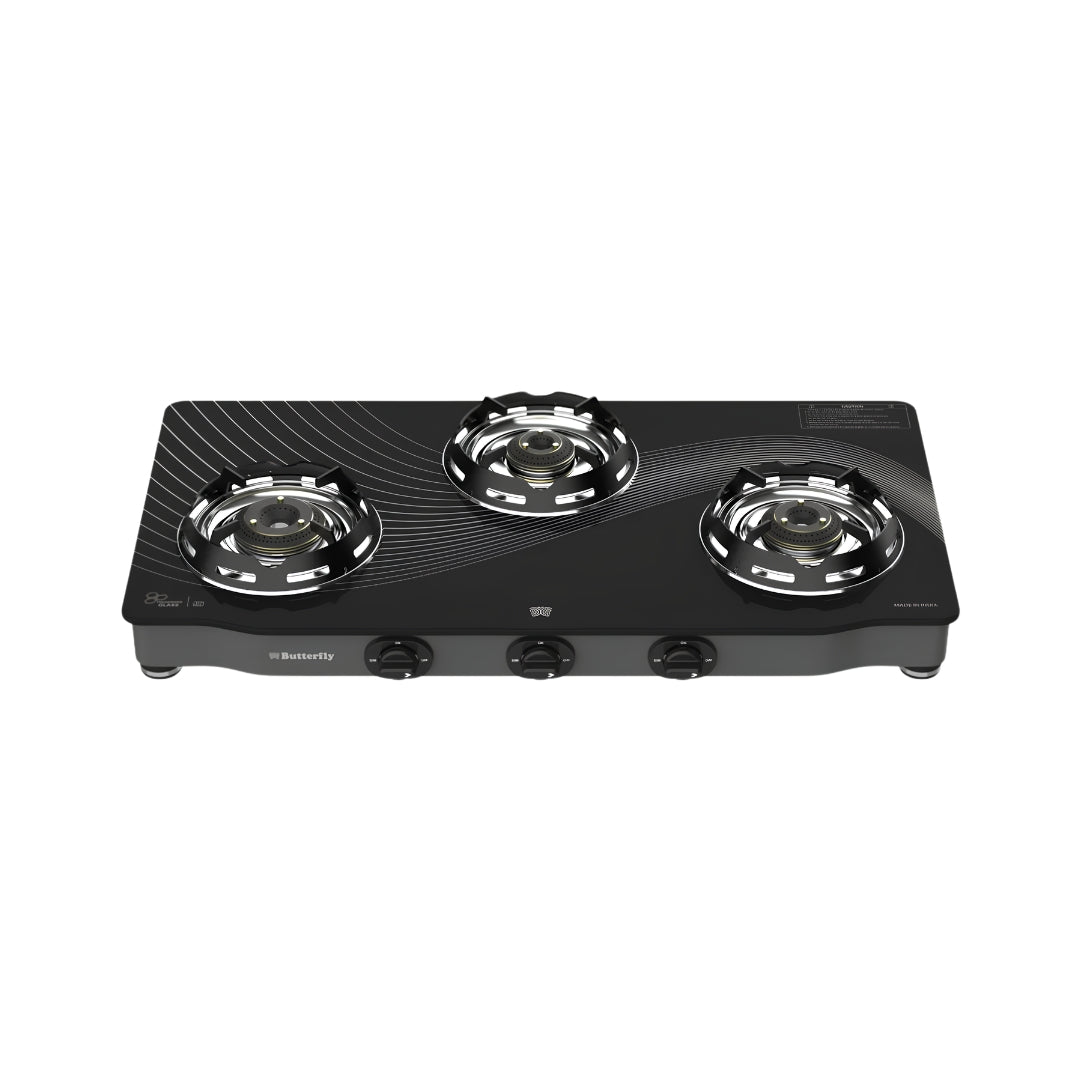 Butterfly Renz 3 Burner 3 Star Glass Top Gas Stove - Black