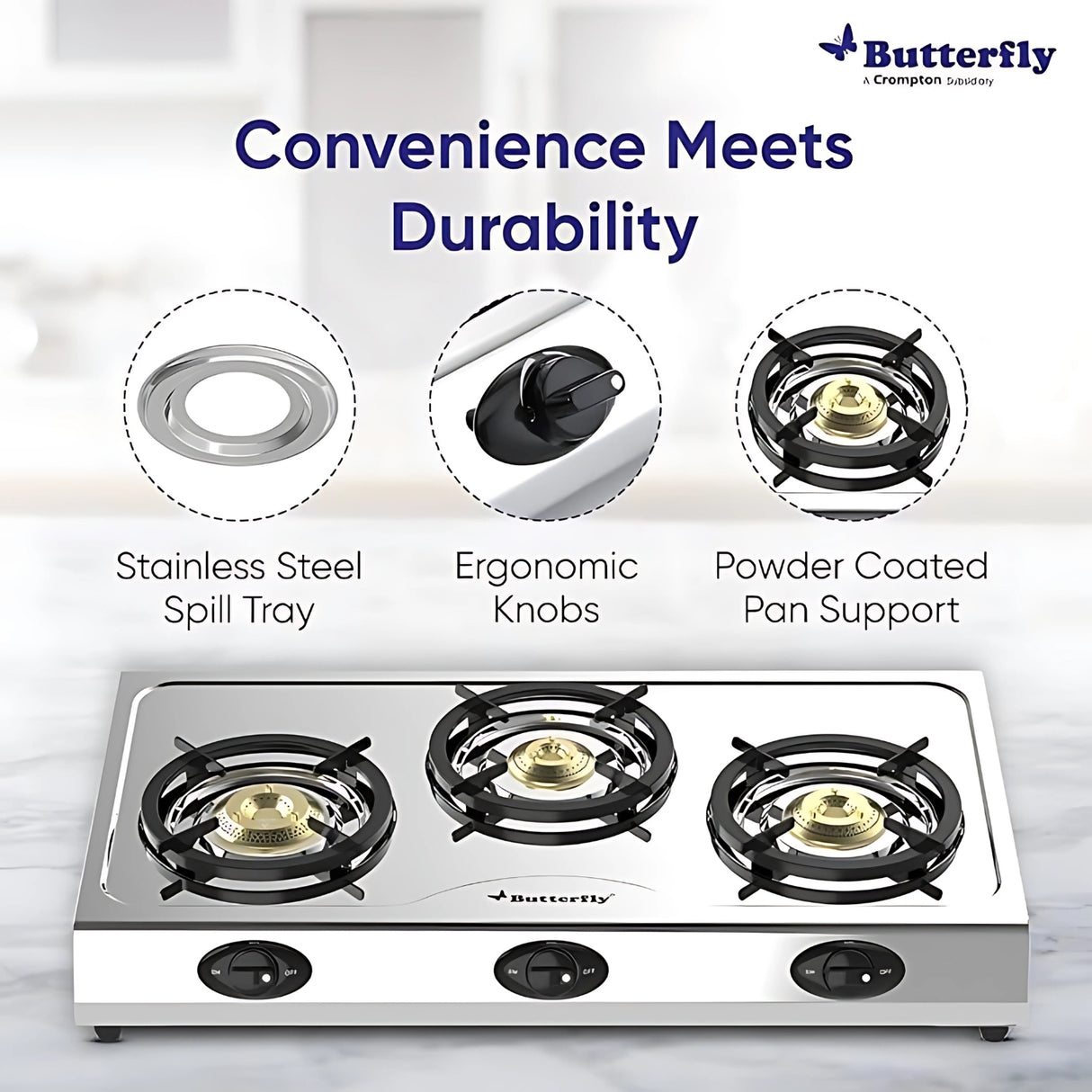 Butterfly L3390E00000 Bolt Shakti 3 Burner LPG Stove Efficient Durable - Silver