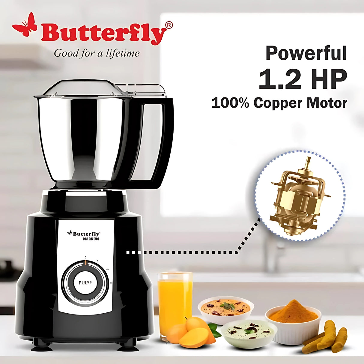 Butterfly Magnum 1.2 HP Mixer Grinder – 4 Jars, Powerful 1200W Motor, Sleek Black Design for Superior Grinding and Blending