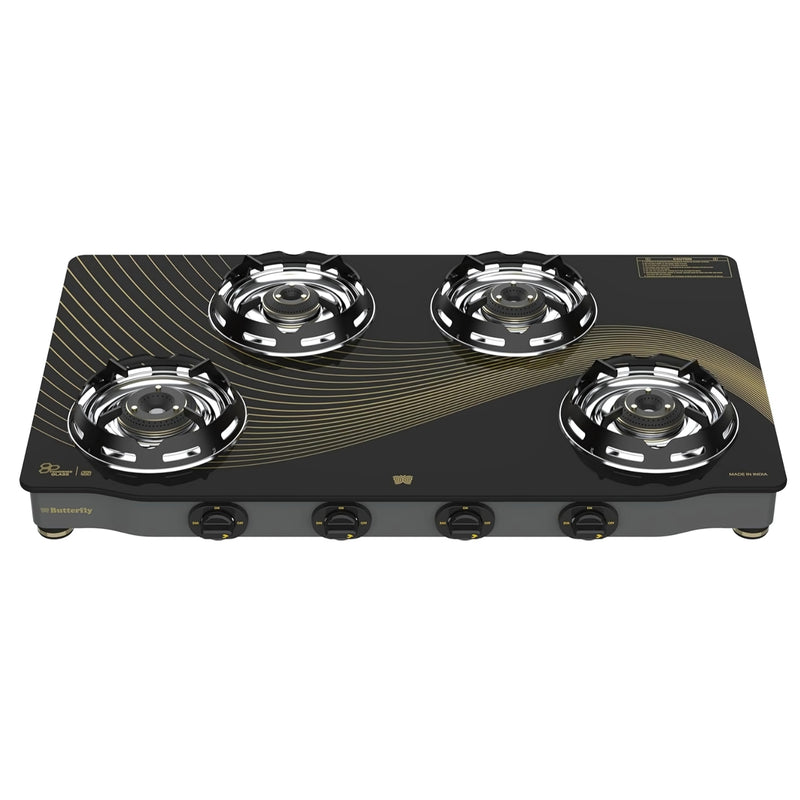 Butterfly Renz HR-Coated Brass Burners 4-Burner Glass Top LPG Gas Stove – Black