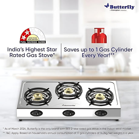 Butterfly L3390E00000 Bolt Shakti 3 Burner LPG Stove Efficient Durable - Silver_2