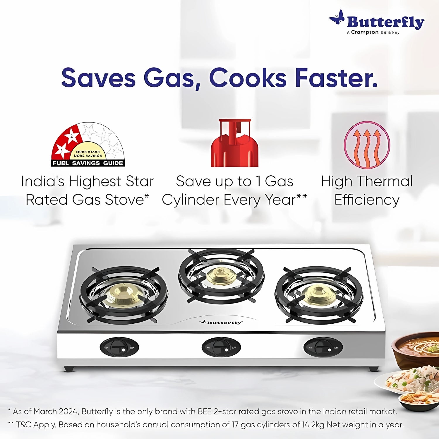 Butterfly L3390E00000 Bolt Shakti 3 Burner LPG Stove Efficient Durable - Silver_4