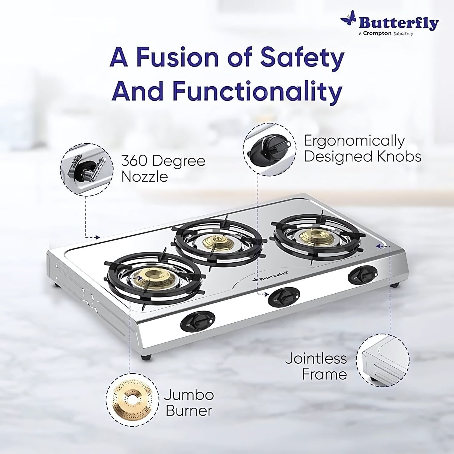 Butterfly L3390E00000 Bolt Shakti 3 Burner LPG Stove Efficient Durable - Silver_5