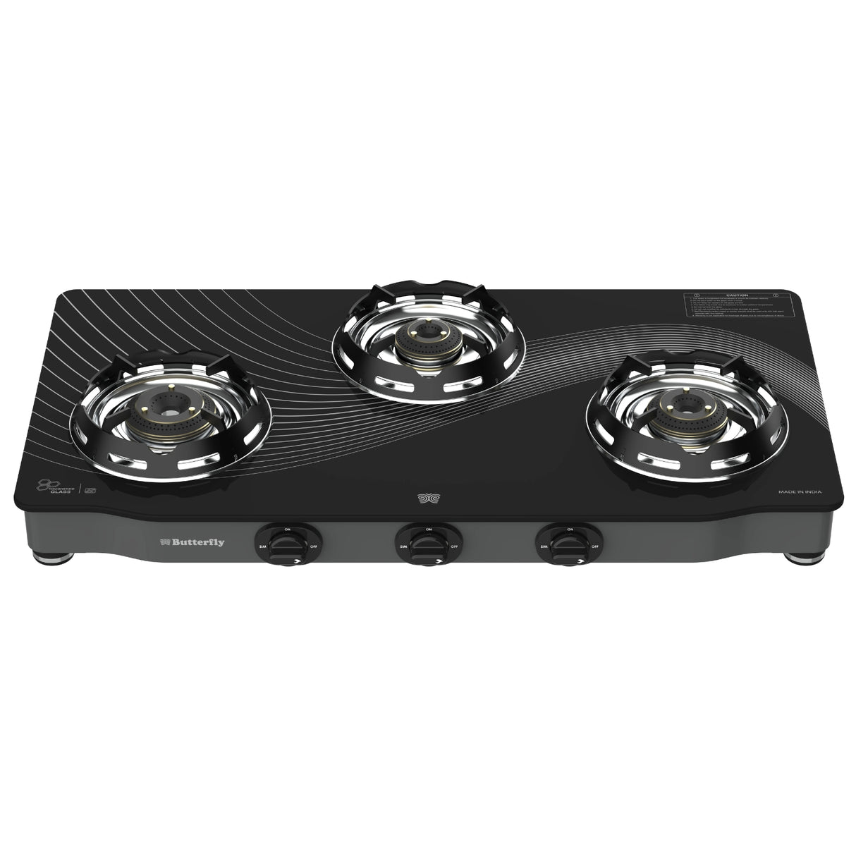 Butterfly Renz 3 Burner 3 Star Glass Top Gas Stove - Black
