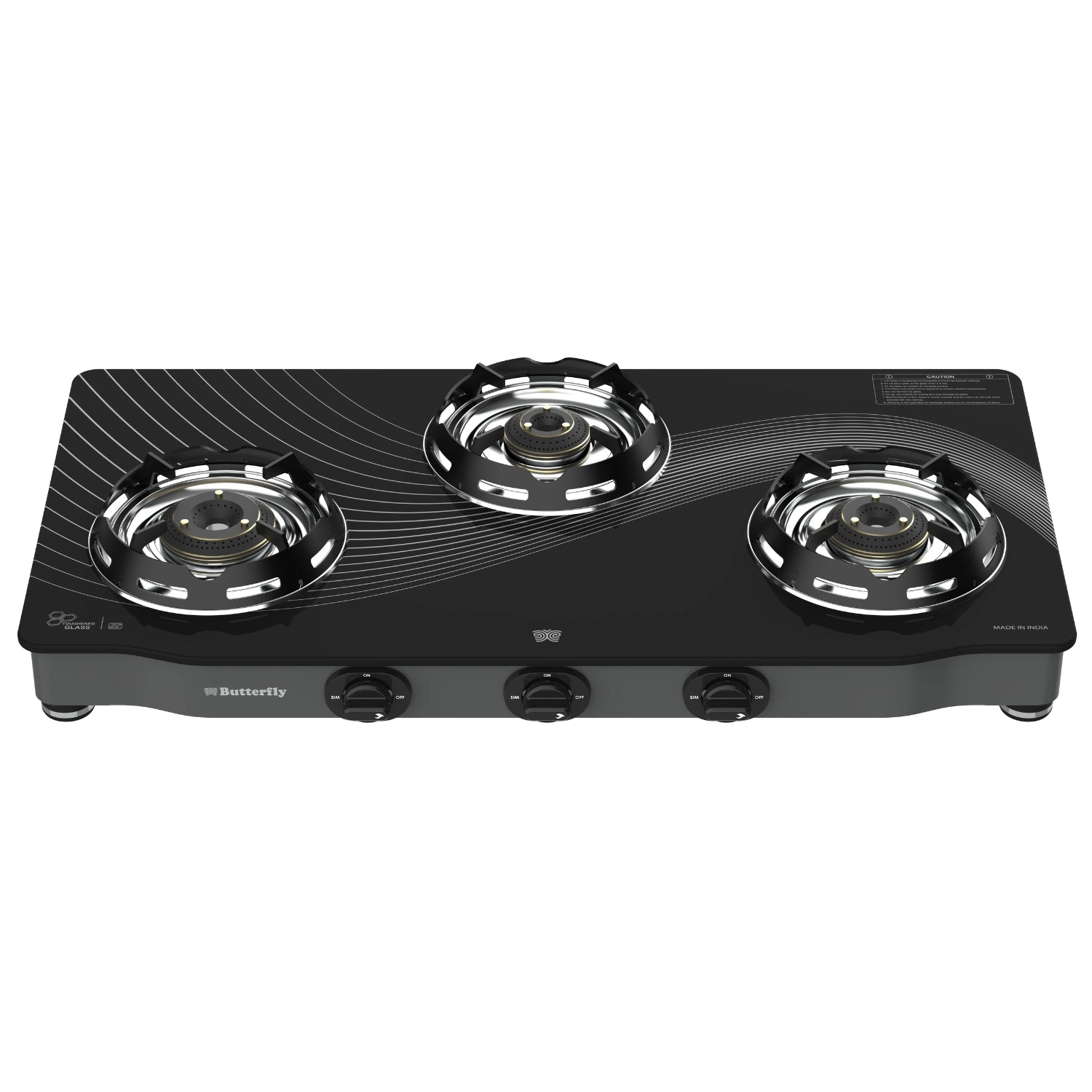 Butterfly Renz 3 Burner 3 Star Glass Top Gas Stove - Black