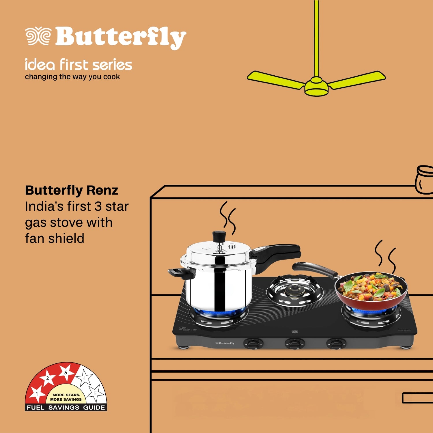 Butterfly Renz 3 Burner 3 Star Glass Top Gas Stove - Black 3