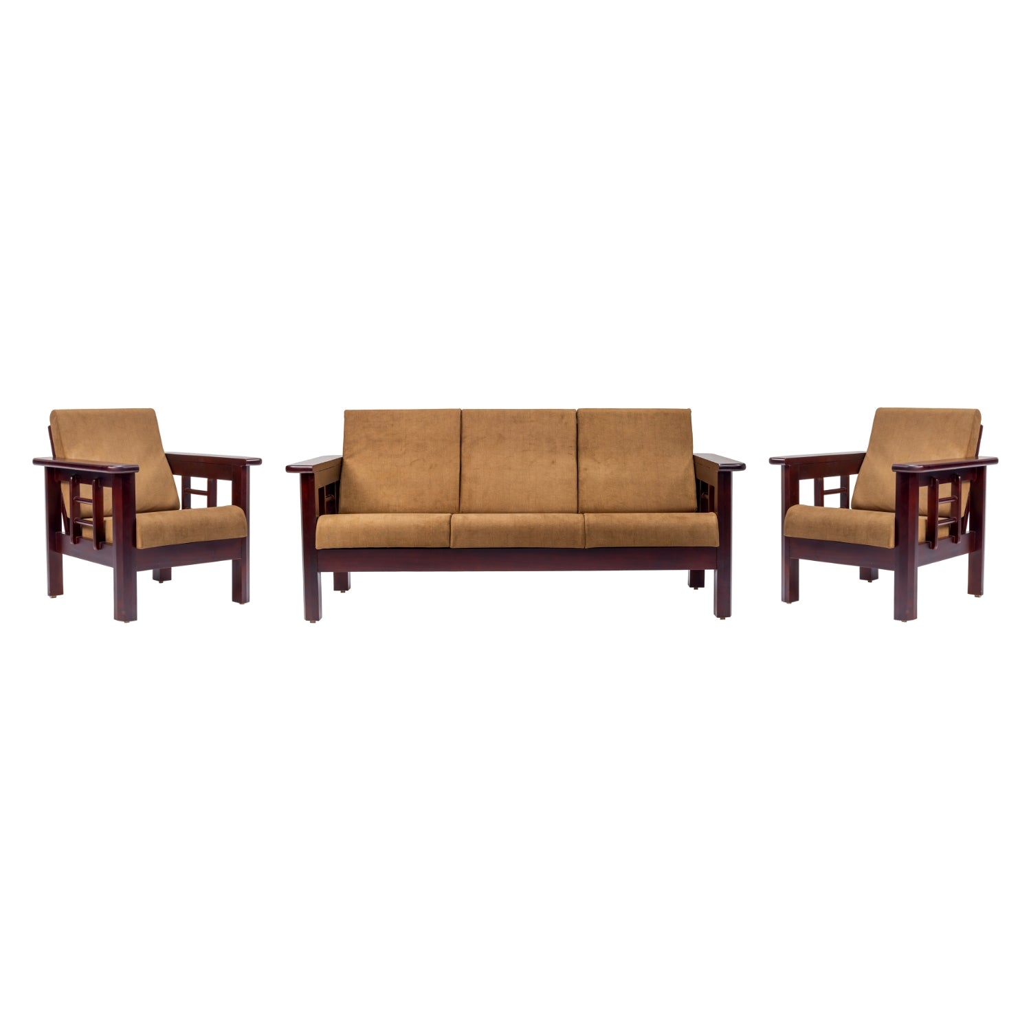 Chicago Pro Wooden Sofa Set (3+1+1 Seater) - Light Walnut Finish