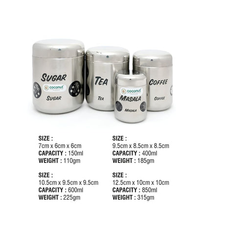 Coconut E11 TCSM Stainless Steel Jumbo Matt Set of 4 Containers_Dimensions