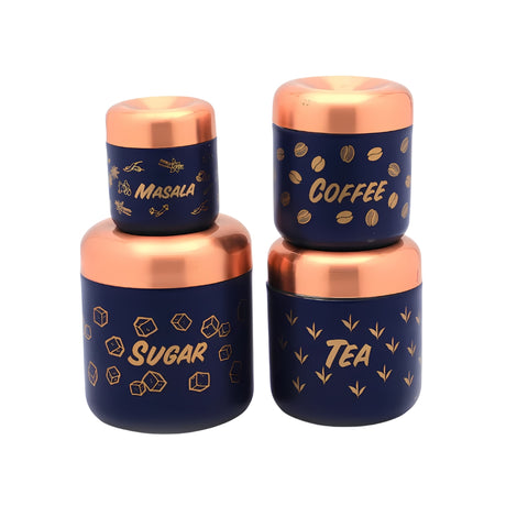 Coconut Rich Heritage SS Multipurpose Kitchen Container For Storage Tea Coffee Sugar and Masala 4 Pcs Set - Blue_Front View