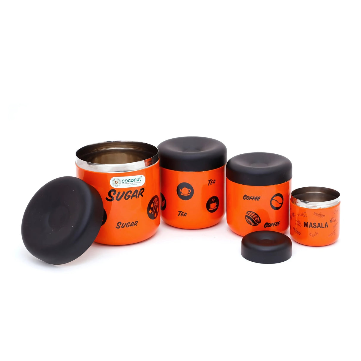 Coconut SS Jumbo Matt Tea Coffee Sugar and Masala Containers 4 Pcs Set - Orange_2