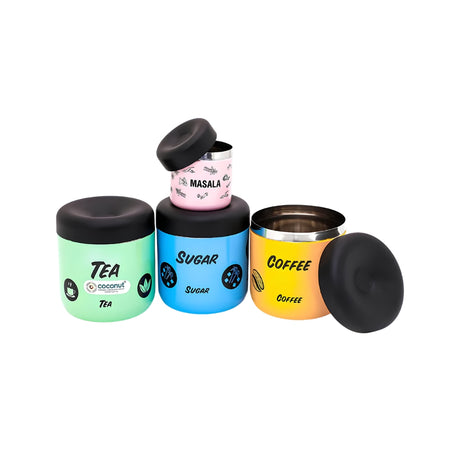 Coconut SS TCS Rainbow Tea Coffee Sugar and Masala Containers 4 Pcs Set - Assorted Colour_Front View2