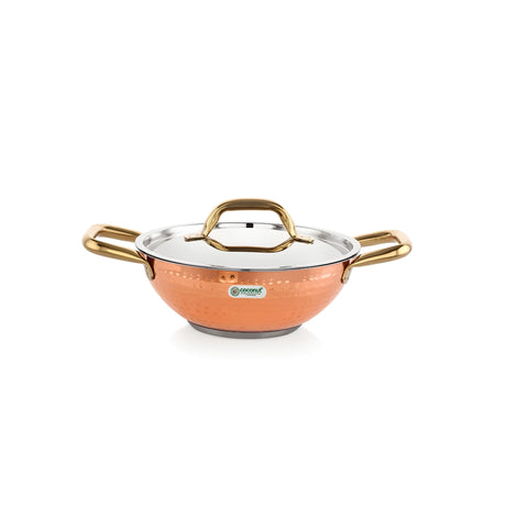 Coconut Serene SS Copper Finish Hammered Design Capsulated Kadai with Lid 20 cm_Front View