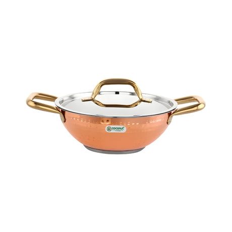 Coconut Serene SS Copper Finish Hammered Design Capsulated Kadai with Lid 20 cm_Front View1