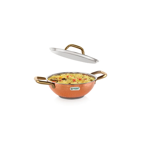 Coconut Serene SS Copper Finish Hammered Design Capsulated Kadai with Lid 20 cm_Open View