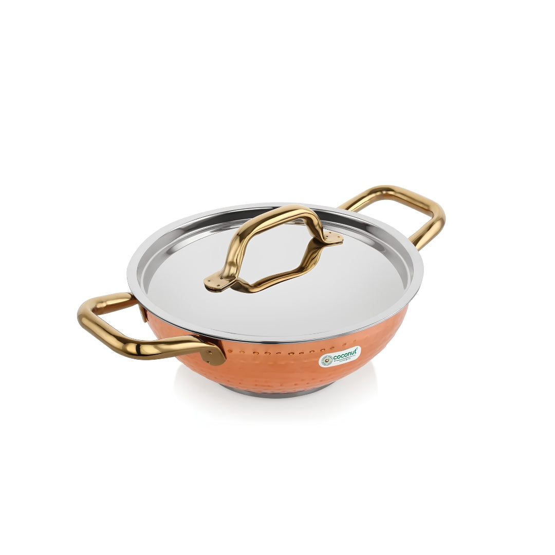 Coconut Serene SS Copper Finish Hammered Design Capsulated Kadai with Lid 20 cm_Side View