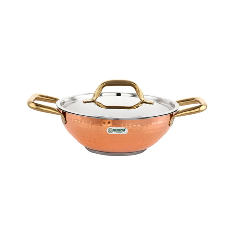 Coconut Serene SS Copper Finish Hammered Design Capsulated Kadai with Lid 24 cm_Front View