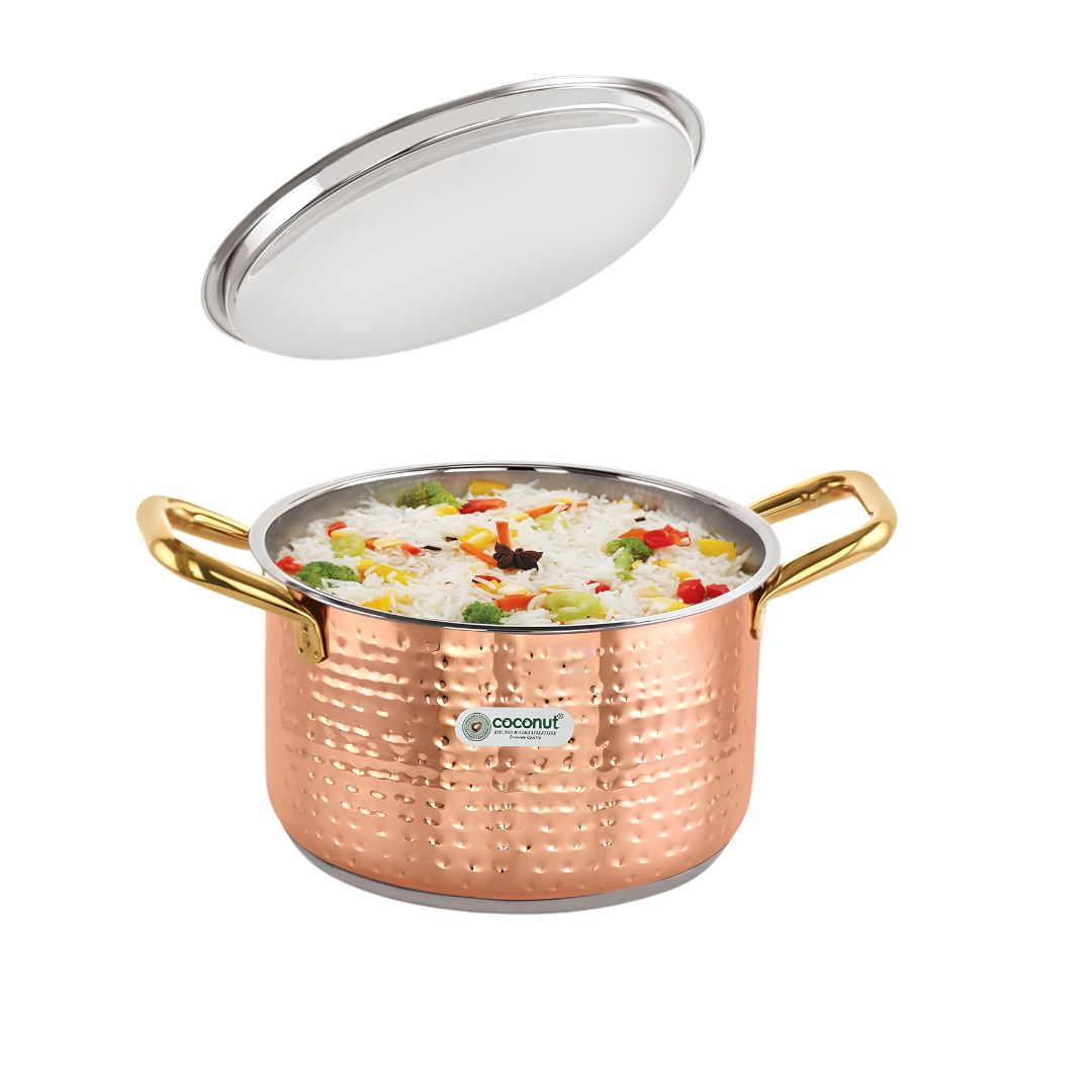 Coconut Serene SS Copper Finish Hammered Design Capsulated Stockpot with Lid 24 cm_ 3500 ml_Features