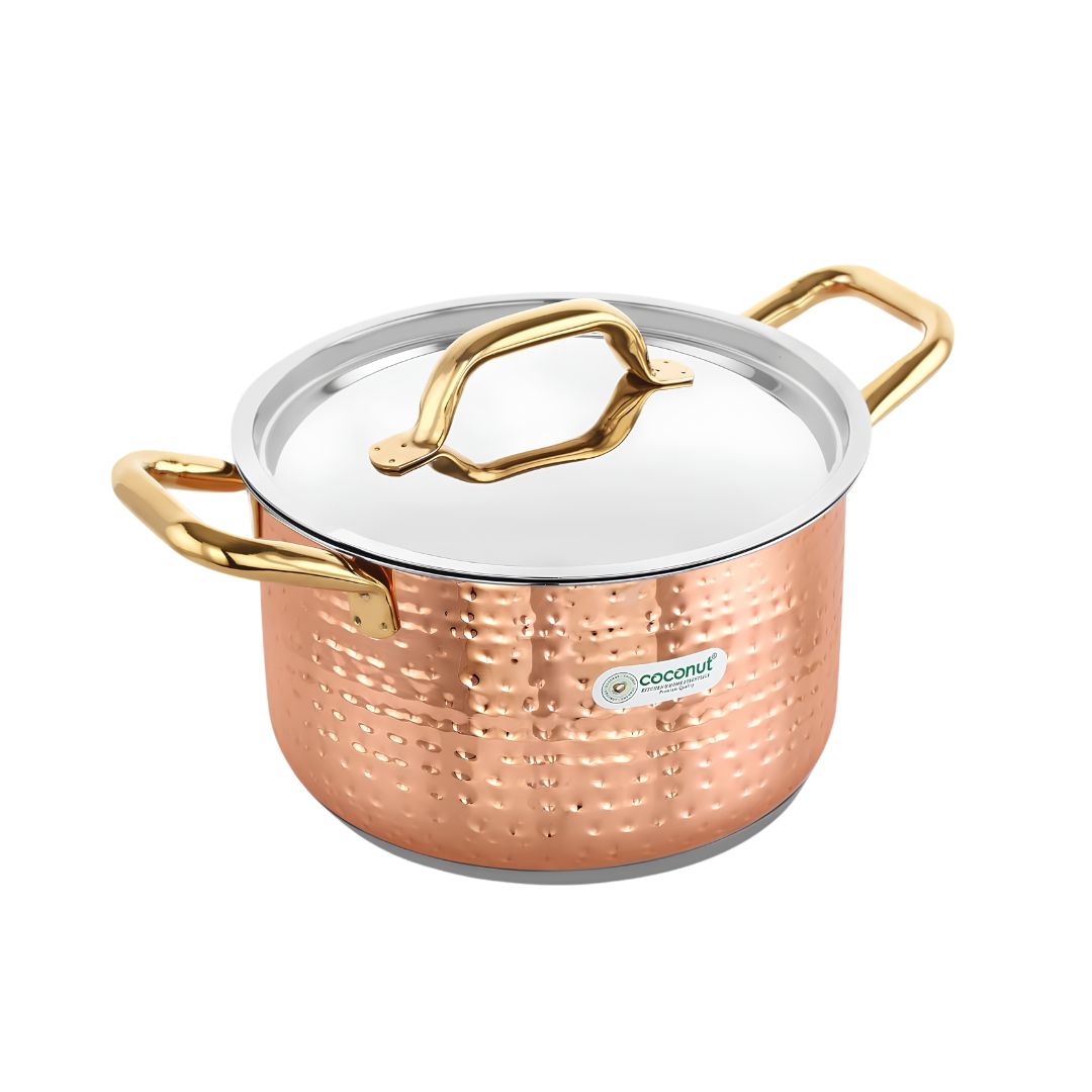 Coconut Serene SS Copper Finish Hammered Design Capsulated Stockpot with Lid 24 cm_ 3500 ml_Front View