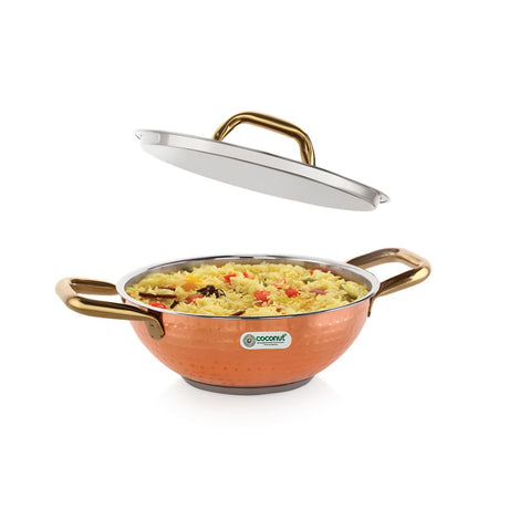 Coconut Serene Stainless Steel Copper Finish Kadai with lid 24 cm_Pan Full View