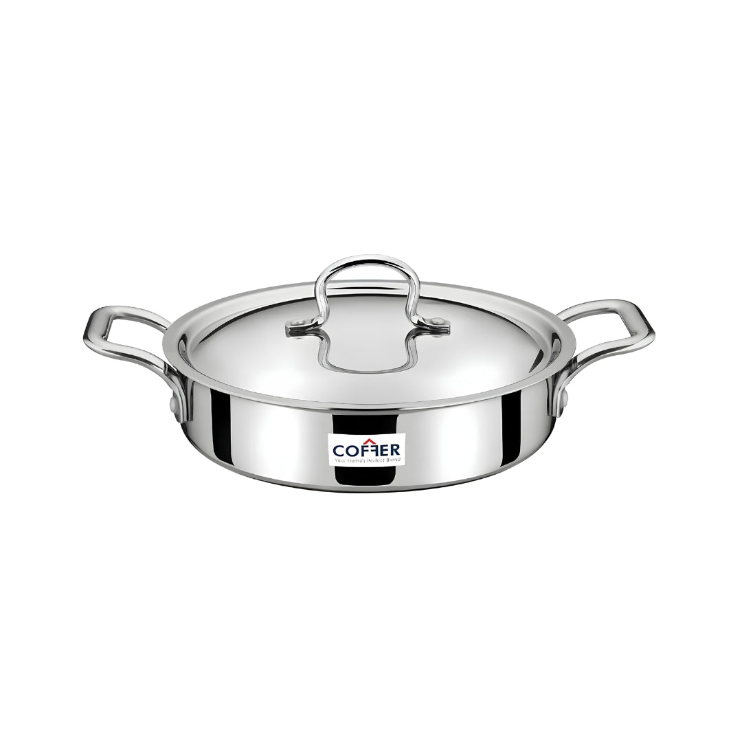 Coffer Tri-Ply Stainless Steel Omega Jalebi Pot Fry Pan with Lid 22 cm \ 1.2 L_Front View
