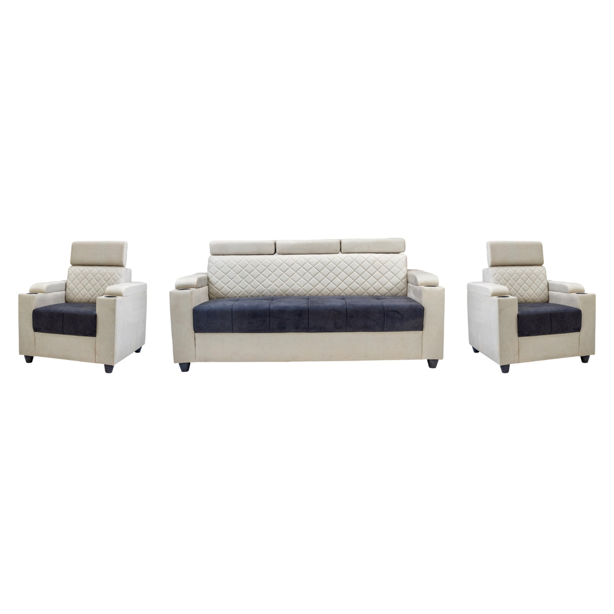Denver Pro Head Rest Fabric Sofa Set (3+1+1 Seater) - Half White and Grey