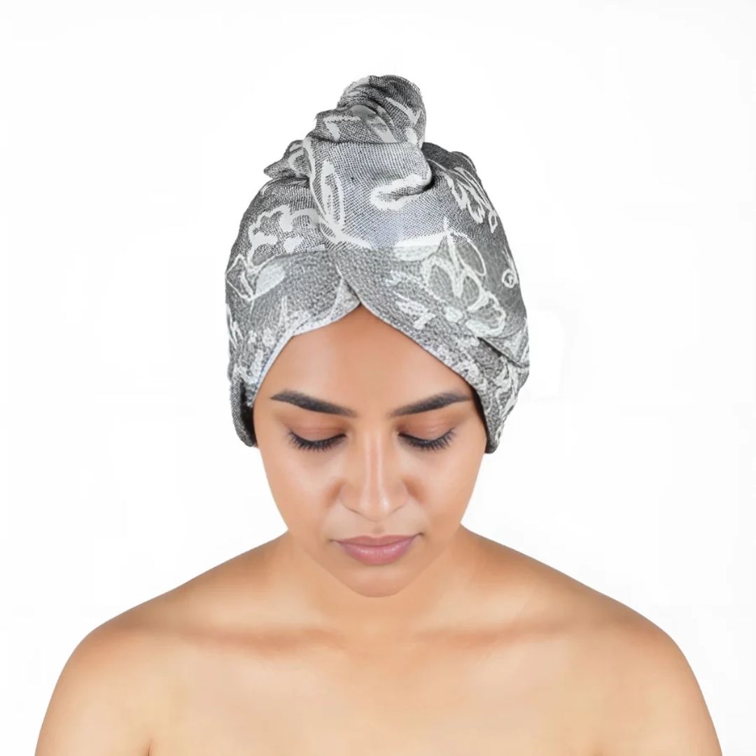 Doctor Towels Banana Jacquard Floral Hair Towel-Charcoal_Features1