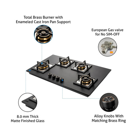 Glen 1094 XL 4 Burner Glass Top Burner Gas Stove - Black