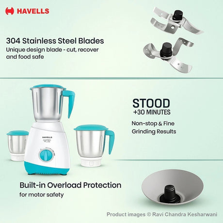 HAVELLS Aspro Plus 550 Watt 3 Jars Mixer Grinder - White and Light Blue_2