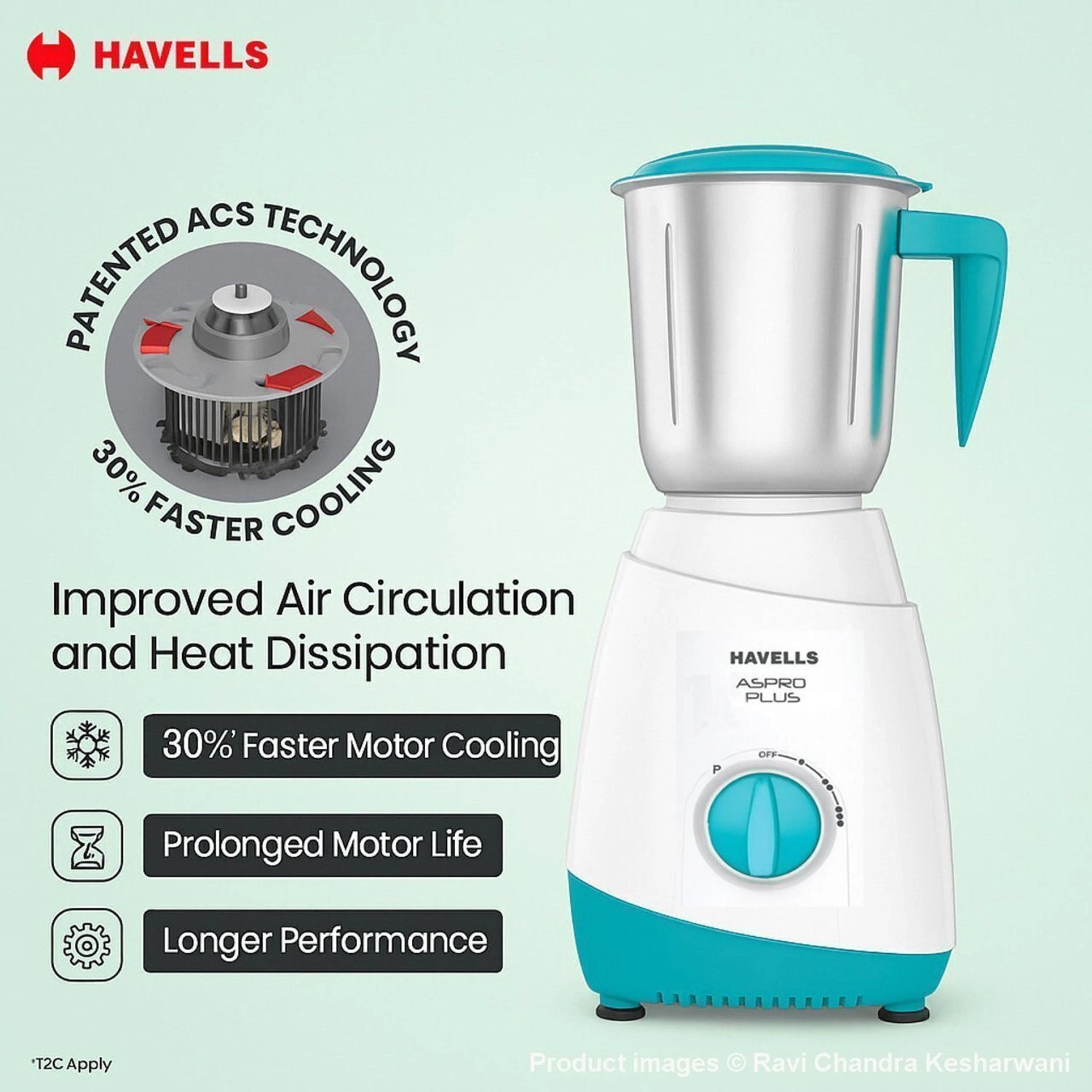 HAVELLS Aspro Plus 550 Watt 3 Jars Mixer Grinder - White and Light Blue_3